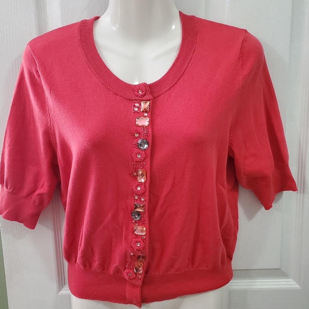 Bejeweled coral cardigan